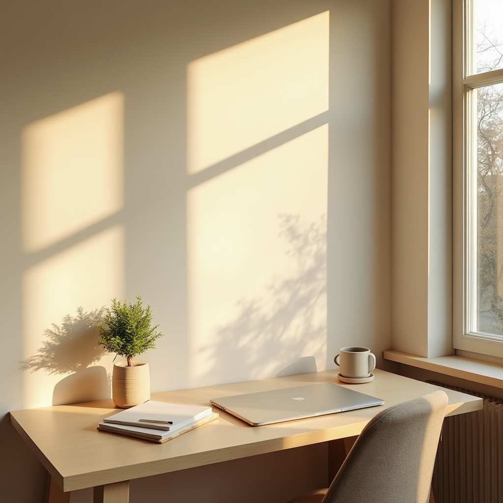 Spazio di lavoro minimalista e ordinato con luce naturale